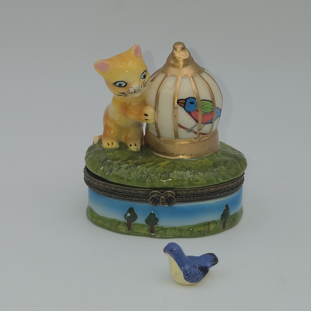 Vintage Whimsical Tabby Cat and Birdcage with tiny Bird Trinket Box